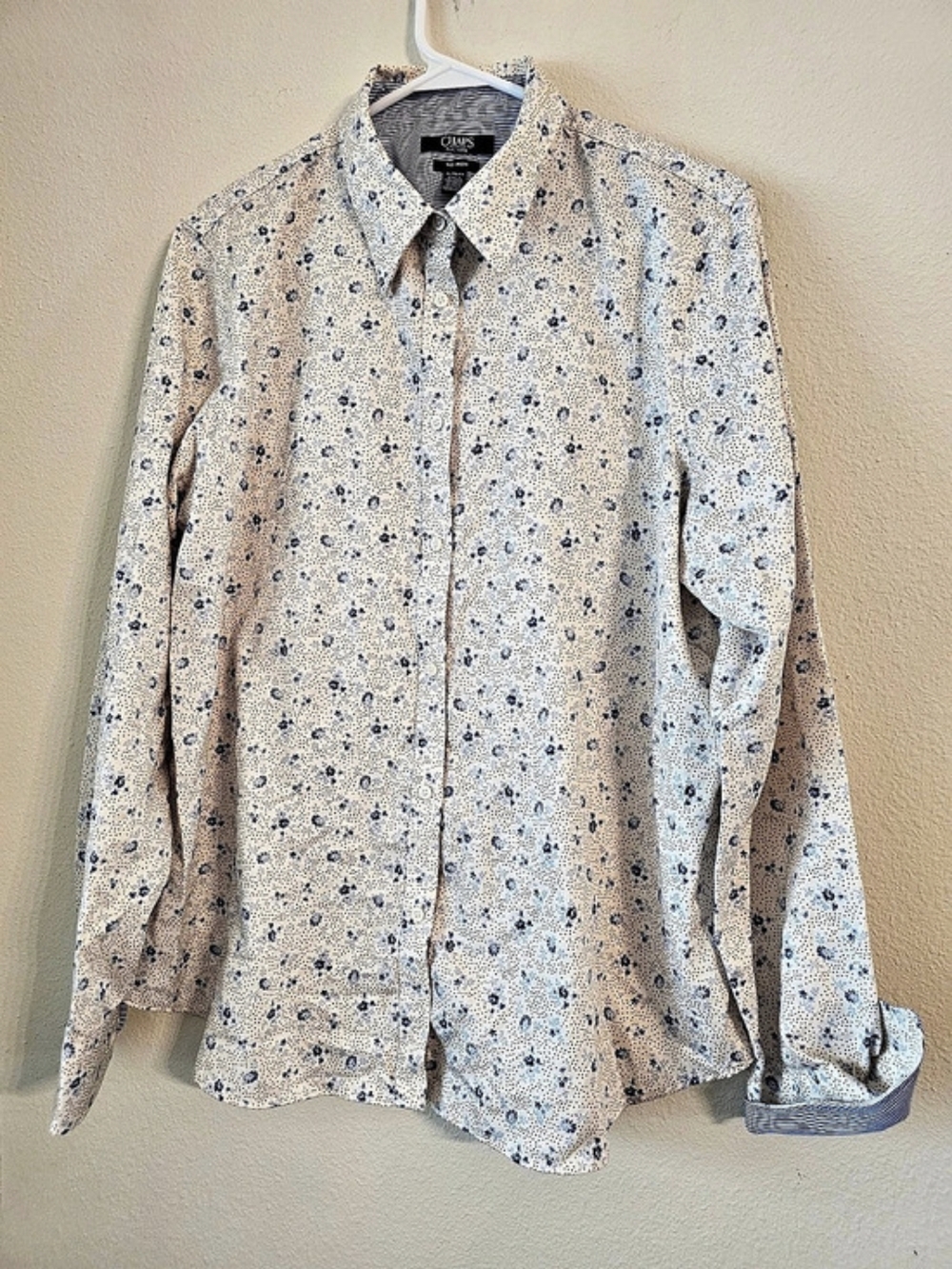 Chaps Womens Floral Button Down Shirt in White & Blue XL Like New